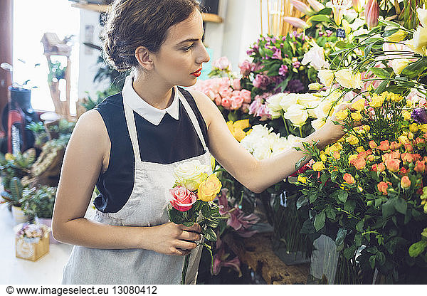 Floristin pflückt im Geschäft Rosen aus Vasen
