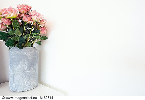 Flower bouquet of beautiful pink roses in concrete modern vase near white background  space for text romantic style.