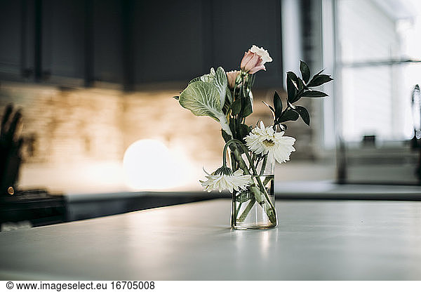 flowers sit in vase on white countertop in domestic kitchen by window