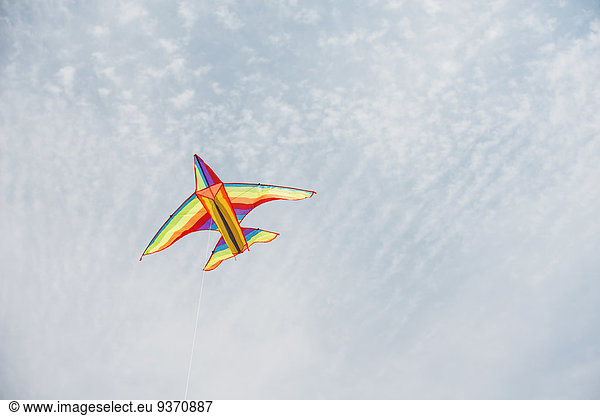 Flugzeug Farbaufnahme Farbe fliegen fliegt fliegend Flug Flüge Himmel blau