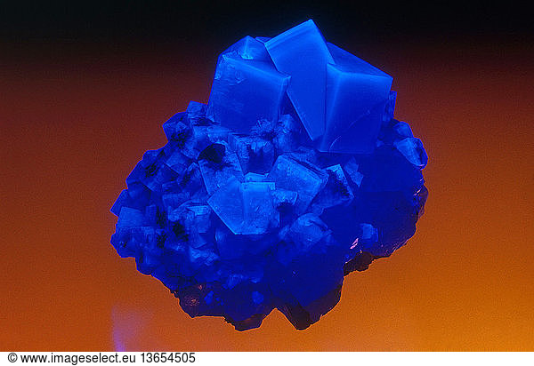 Fluorite on quartz with pyrite and barite  from Frazer's Hush Mine  Weardale  England  photographed under short-wave UV light. See photo 3R4955 for the same specimen in normal white light. Dimensions: 5.5 x 5 x 4.5 cm.