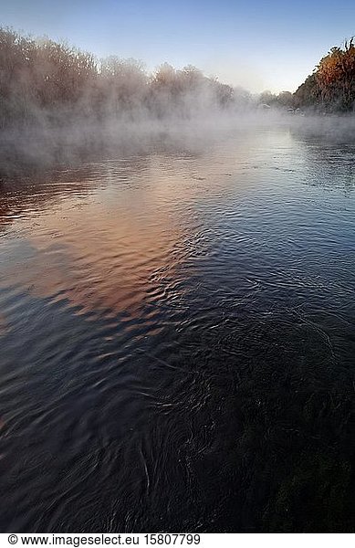 Flusslandschaft  früher Morgen  aufsteigender Morgennebel  Sonnenaufgang  Symbol für geheimnisvoll  mystisch  Rainbow River  Rainbow Springs State Park  Dunnelon  Florida  USA  Nordamerika