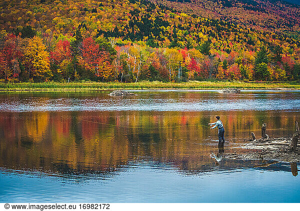 Fly fisherman casting into river with bright foliage behind