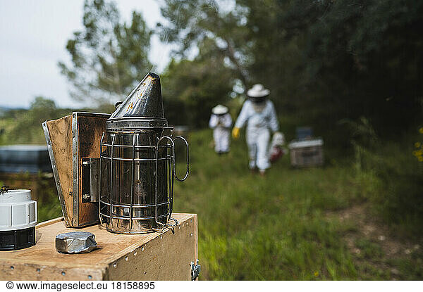 Focus selective of smoker with two beekeepers at work.
