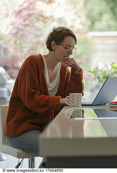 Focused young woman working from home at laptop