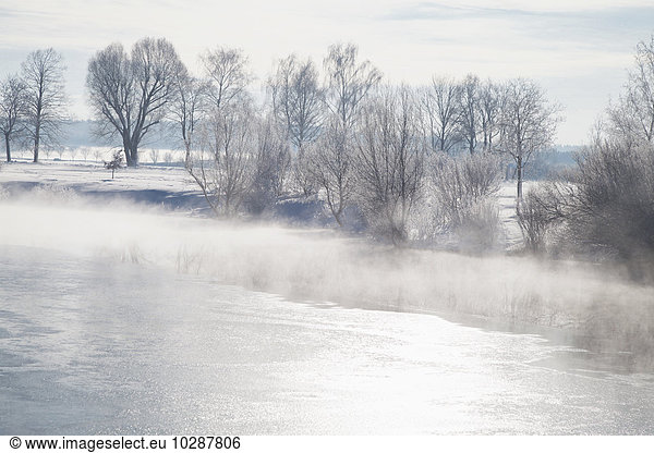 Fog over lake in winter  Eichenau  Fürstenfeldbruck  Bavaria  Germany