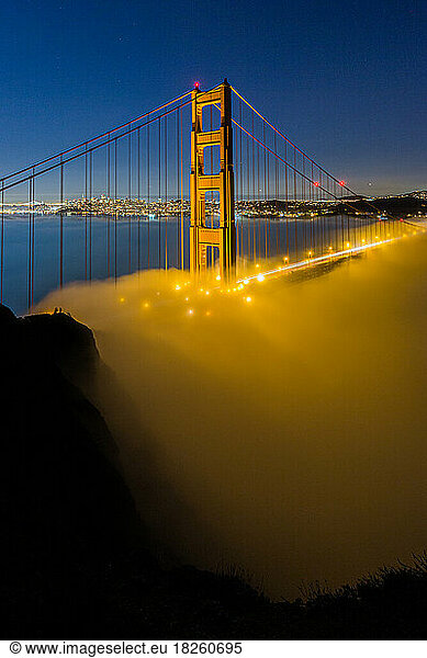 Foggy Night Golden Gate Bridge with San Francisco Skyline