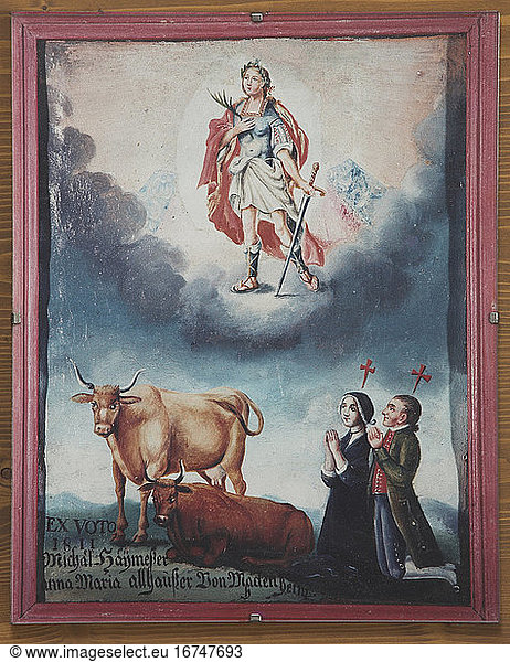 Folk painting 
Southwest Germany or Alsace  1836. – Votive tablet of the couple Michael Haymeßer and Anna Maria Allhaußer from Meckenheim to Saint Pantaleon. - From a series of photographic reproductions of votive tablets that were formerly in the pilgrimage church of St. Pantaleon. Oberrotweil (Vogtsburg im Kaiserstuhl  Baden-Württemberg) 
Niederrotweil  Pilgrimage Church of St. Pantaleon.