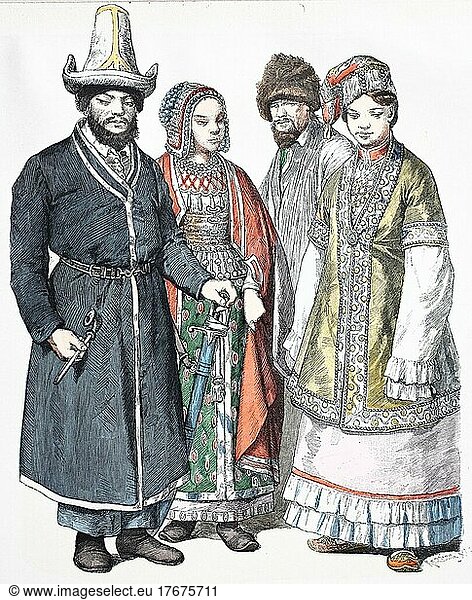 Folk traditional costume  clothing  history of costumes  Bashkirs  steppe dwellers and Tartars of Kazan  costumes from Asian Russia  1885  digitally restored reproduction of a 19th century original  exact date unknown
