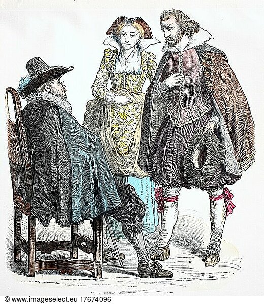 Folk traditional costume  clothing  history of costumes  bourgeois costume  Germany  1625  digitally restored reproduction of a 19th century original  exact date unknown  Europe