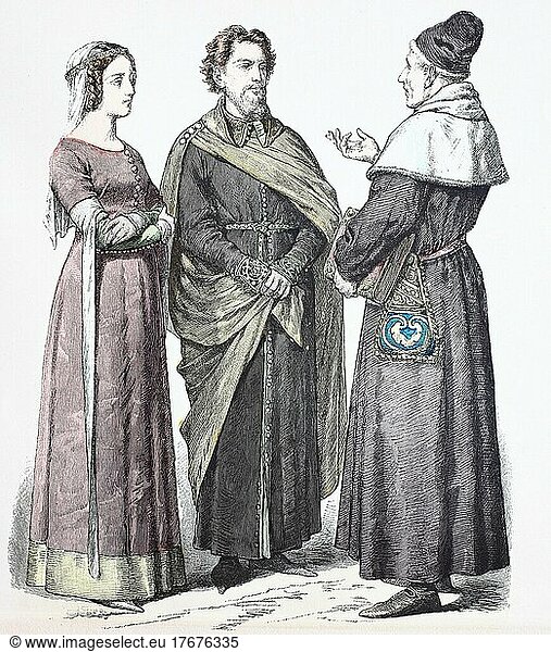 Folk traditional costume  Clothing  History of costumes  Bourgeois costume in England from 1360-1380  digitally restored reproduction of a 19th century original  exact date unknown