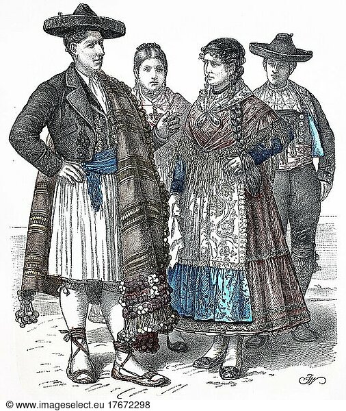 Folk traditional costume  Clothing  History of costumes  Costume from Alicante and Zamora  Spain  1850  Historical  digitally restored reproduction of a 19th century original  Europe