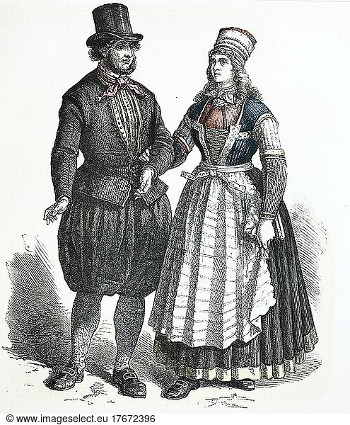 Folk traditional costume  clothing  history of costumes  costume from Holland  stamps  1850  historical  digitally restored reproduction of a 19th century original