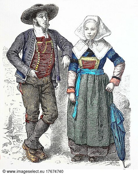 Folk traditional costume  clothing  history of costumes  costume in Brittany  France  1880  digitally restored reproduction of a 19th century original  exact date unknown  Europe