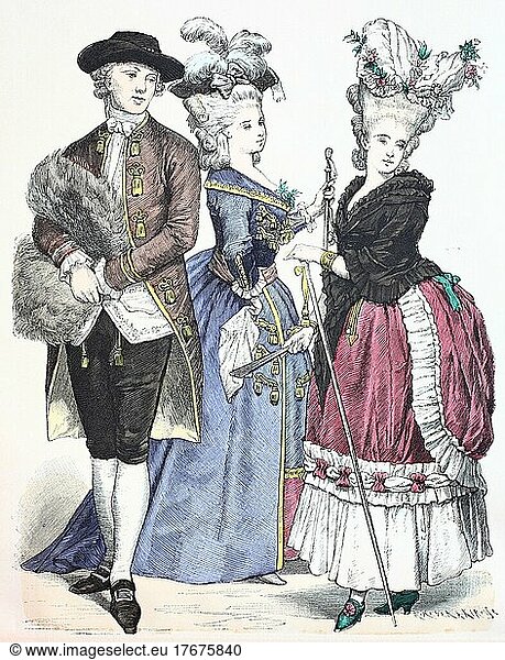 Folk traditional costume  clothing  history of costumes  costume of the distinguished people  France  18th century  digitally restored reproduction of a 19th century original  exact date unknown  Europe
