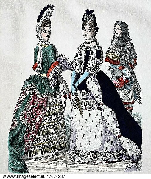 Folk traditional costume  clothing  history of costumes  costume of the Duchess of Portsmouth  England  1694  and of Maria Anna of Bavaria  Germany  behind a man wearing the uniform of the palace guard  digitally restored reproduction of a 19th century original  exact date unknown  Europe