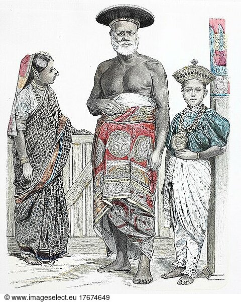 Folk traditional costume  clothing  history of costumes  distinguished Singalese  page of the Governor of Ceylon  1880  digitally restored reproduction of a 19th century original  exact date unknown