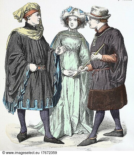 Folk traditional costume  Clothing  History of costumes  Dutch  1470-1485  Historical  Digitally restored reproduction of a 19th century original