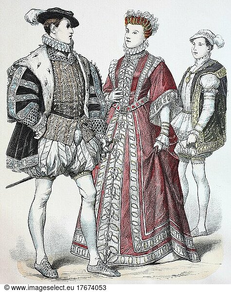 Folk traditional costume  clothing  history of costumes  Francis II Elizabeth in bridal suit  Francis II as Dauphin  France  16th century  digitally restored reproduction of a 19th century original  exact date unknown  Europe