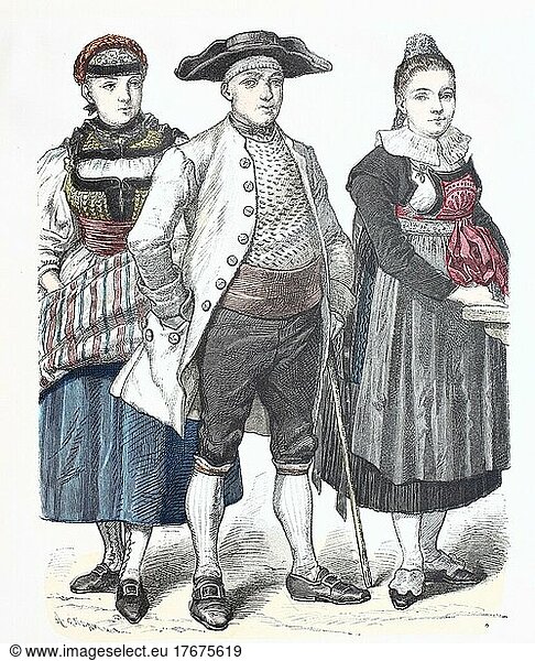 Folk traditional costume  clothing  history of costumes  garments from Switzerland  Bern  1780  Historic  digitally restored reproduction of a 19th century original  exact date unknown