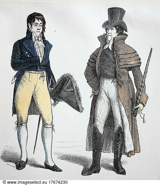 Folk traditional costume  clothing  history of costumes  man in court costume and man in garrick during the shore clingfish (1810)  Germany  digitally restored reproduction of a 19th century original  exact date unknown  Europe