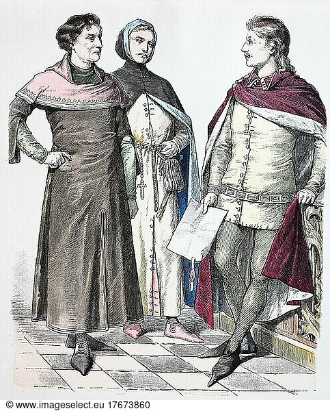 Folk traditional costume  clothing  history of costumes  merchant and nobleman  England  1350  digitally restored reproduction of a 19th century original  exact date unknown