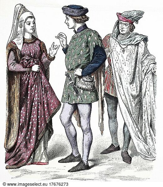 Folk traditional costume  clothing  history of costumes  noblemen  England  1400-1430  digitally restored reproduction of a 19th century original  exact date unknown