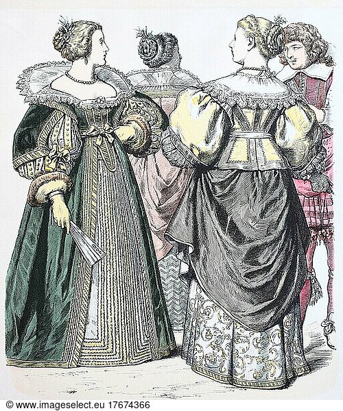 Folk traditional costume  clothing  history of costumes  noblewomen  France  1650  digitally restored reproduction of a 19th century original  exact date unknown  Europe