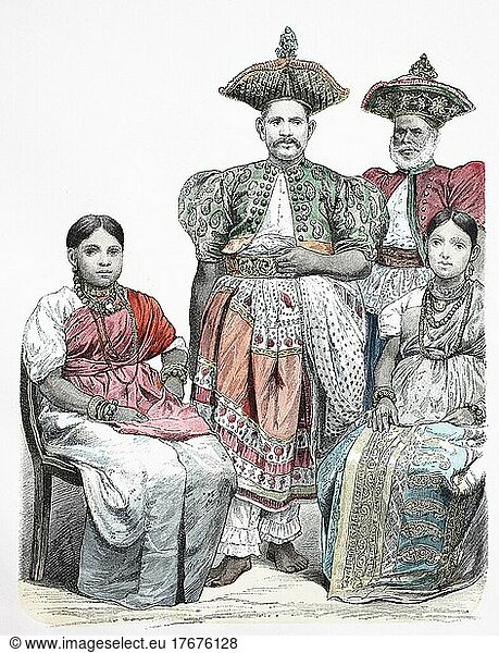Folk traditional costume  clothing  history of costumes  Singalese  Ceylon  1885  digitally restored reproduction of a 19th century original  exact date unknown