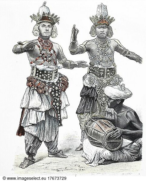 Folk traditional costume  clothing  history of costumes  Singalese devil dancers  1880  Ceylon  digitally restored reproduction of a 19th century original  exact date unknown