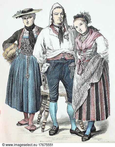 Folk traditional costume  clothing  history of costumes  traditional costume from Zug and Schwyz  Switzerland  end of 18th century  digitally restored reproduction of a 19th century original  exact date unknown  Europe