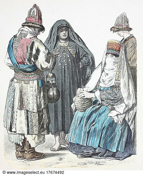 Folk traditional costume  clothing  history of costumes  Turkoman woman  Central Asia  1880  digitally restored reproduction of a 19th century original  exact date unknown