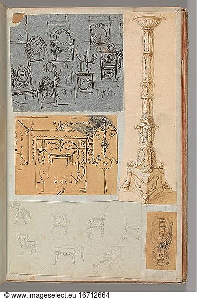 Fontaine  Pierre François Léonard 1762–1853. Page from a Scrapbook containing Drawings and Several Prints of Architecture  Interiors  Furniture and Other Objects  Album Drawings Prints Ornament & Architecture  ca. 1795–1805. Pen and black and gray ink  graphite  black chalk  39.8 × 25.4 cm.
Inv. Nr. 63.535.29 (a–e)
New York  Metropolitan Museum of Art.