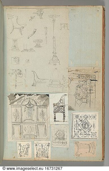 Fontaine  Pierre François Léonard 1762–1853. Page from a Scrapbook containing Drawings and Several Prints of Architecture  Interiors  Furniture and Other Objects  Album Drawings Prints Ornament & Architecture  ca. 1795–1805. Pen and black and gray ink  graphite  black chalk  39.8 × 25.4 cm.
Inv. Nr. 63.535.22 (a–i)
New York  Metropolitan Museum of Art.