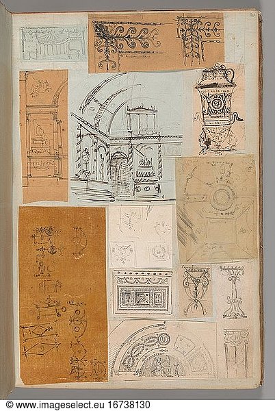 Fontaine  Pierre François Léonard 1762–1853. Page from a Scrapbook containing Drawings and Several Prints of Architecture  Interiors  Furniture and Other Objects  Album Drawings Prints Ornament & Architecture  ca. 1795–1805. Pen and black and gray ink  graphite  black chalk  39.8 × 25.4 cm.
Inv. Nr. 63.535.10 (a–m)
New York  Metropolitan Museum of Art.