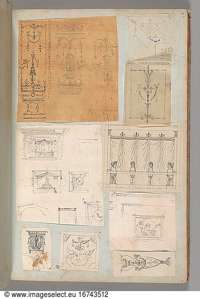 Fontaine  Pierre François Léonard 1762–1853. Page from a Scrapbook containing Drawings and Several Prints of Architecture  Interiors  Furniture and Other Objects  Album Drawings Prints Ornament & Architecture  ca. 1795–1805. Pen and black and gray ink  graphite  black chalk  39.8 × 25.4 cm.
Inv. Nr. 63.535.16 (a–p)
New York  Metropolitan Museum of Art.
