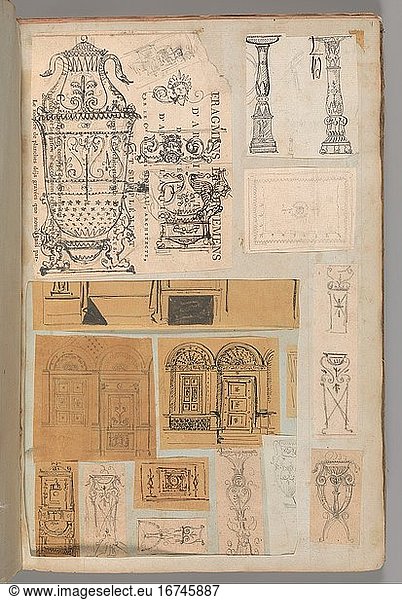 Fontaine  Pierre François Léonard 1762–1853. Page from a Scrapbook containing Drawings and Several Prints of Architecture  Interiors  Furniture and Other Objects  Album Drawings Prints Ornament & Architecture  ca. 1795–1805. Pen and black and gray ink  graphite  black chalk  39.8 × 25.4 cm.
Inv. Nr. 63.535.7 (a–e)
New York  Metropolitan Museum of Art.