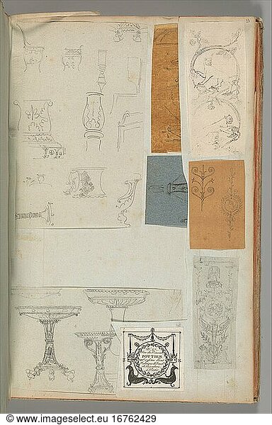 Fontaine  Pierre François Léonard 1762–1853. Page from a Scrapbook containing Drawings and Several Prints of Architecture  Interiors  Furniture and Other Objects  Album Drawings Prints Ornament & Architecture  ca. 1795–1805. Pen and black and gray ink  graphite  black chalk  39.8 × 25.4 cm.
Inv. Nr. 63.535.23 (a–d)
New York  Metropolitan Museum of Art.