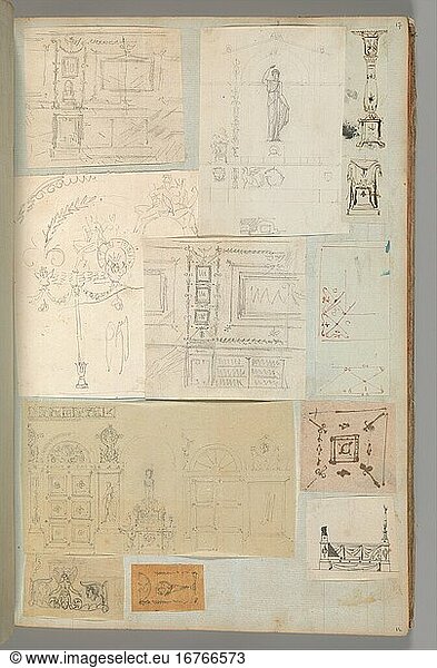 Fontaine  Pierre François Léonard 1762–1853. Page from a Scrapbook containing Drawings and Several Prints of Architecture  Interiors  Furniture and Other Objects  Album Drawings Prints Ornament & Architecture  ca. 1795–1805. Pen and black and gray ink  graphite  black chalk  39.8 × 25.4 cm.
Inv. Nr. 63.535.17 (a–k)
New York  Metropolitan Museum of Art.