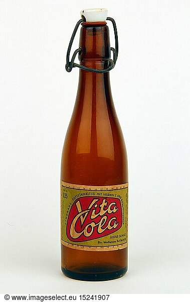 food  beverages  drinking bottle 'VitaCola' with catch  producer of beverages: Fa. Justus Schulz  Berlin-Weissensee  East-Germany  since 1966 (label data)  design of the label: unknown  probable design by factory