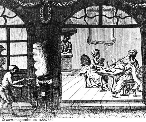 food  coffee  coffeehouse  lady and Turk in a coffeehouse  copper engraving  France  18th century  cafe  cafes  gastronomy  coffee roaster  roast  roasting  stove  stoves  preparation  preparations  people  leisure time  free time  spare time  historic  historical