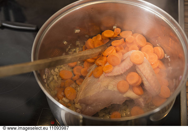 Food cooking in cooking pan