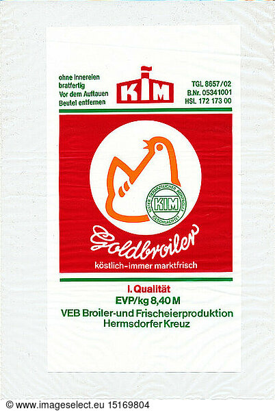 food  fridge package for oven-ready giblets (broiled chicken) des VEB state holding combine industrialist mast (Kim) from polyethylene  formation and made by not ascertain  1980s