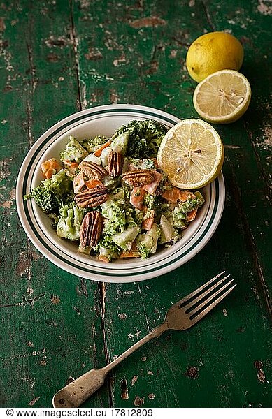 Food photography  lemon  salad  vegan  vegetarian  broccoli  carrot  fork  apple  pecan nut