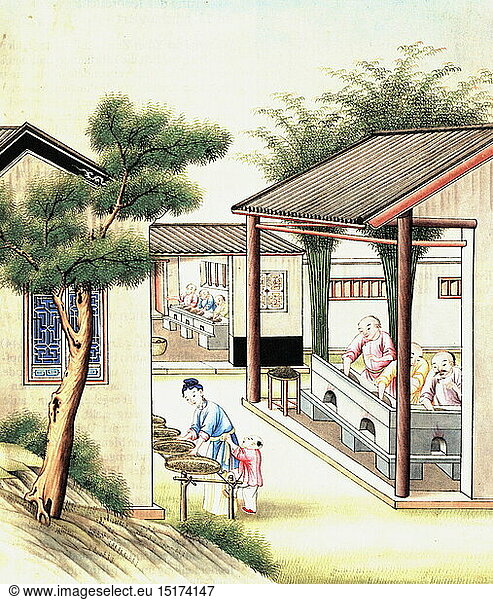 food  tea  drying and roast of green tea  Chinese watercolour  19th century  Manchu Dynasty  Qing Dynasty  China  Chinese  art of painting  fine arts  art  production  manufacturing  fabrication  manufactory  factory  manufactories  factories  economy  agriculture  farming  labour  labor  worker  workers  working  work  everyday life  daily routine  house  houses  Chinese empire  food  foodstuff  drying  dry  roast  roasting  watercolour  watercolor  historic  historical