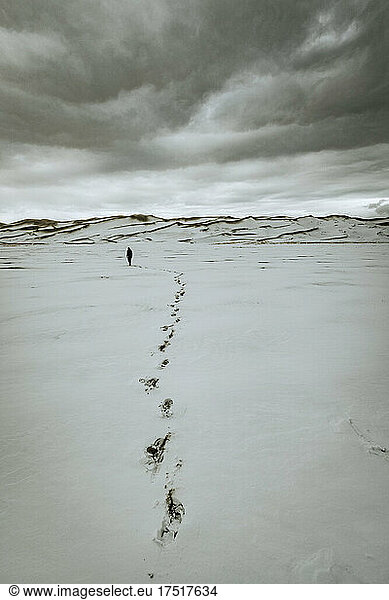 footsteps of person in snow recede distance  Great Sand Dunes Colorado