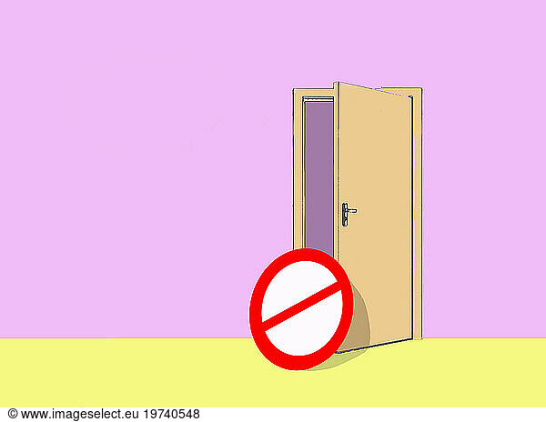 Forbidden sign on open door against pink background