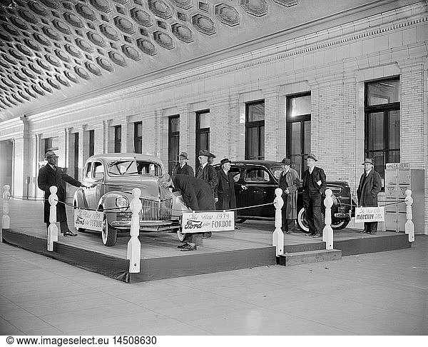 Ford Motor Company Displaying New Automobiles  Union Station  Washington DC  USA  Harris & Ewing  November 1938