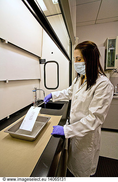 Forensic Technician Examining Envelope for Prints