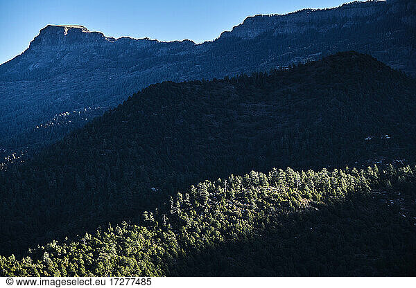 Forested valley in Rocky Mountains at dusk with Fishers Peak in background